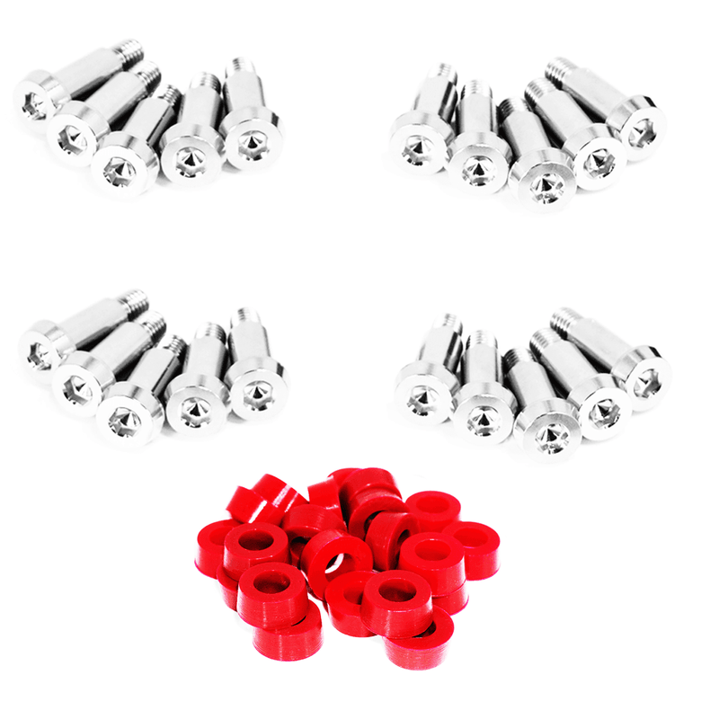 Load image into Gallery viewer, ZSPEC titanium shoulder-bolt timing cover fastener kit for Nissan 300ZX Z31, includes silver bolts and red washers.