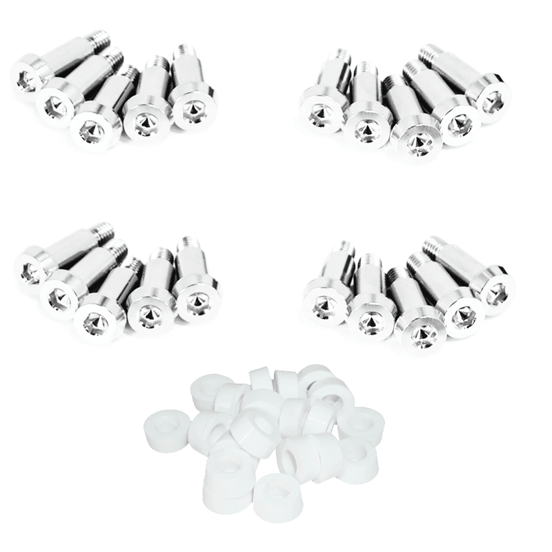 Load image into Gallery viewer, ZSPEC titanium shoulder-bolt timing cover fastener kit for 84-89 Nissan 300ZX (Z31) with silver bolts and white spacers.