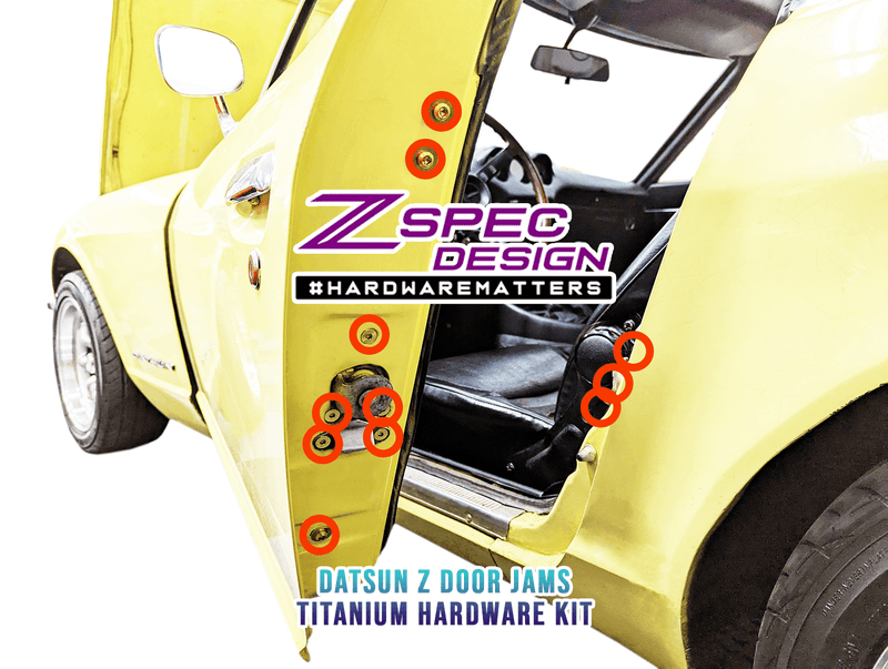 Load image into Gallery viewer, ZSPEC titanium door jam fastener kit installed on a yellow Datsun S30, showing hardware locations circled in red.
