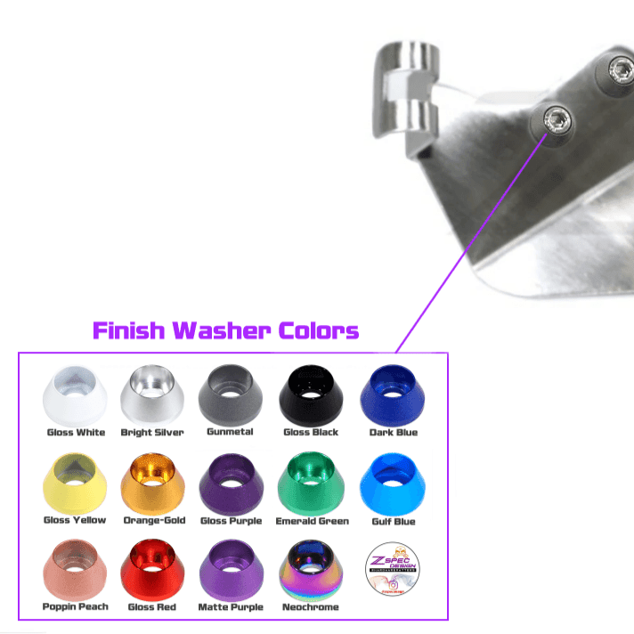 ギャラリービューアに画像をロードする, Polished ZSPEC fuel filter bracket for '90-96 Nissan Z32, shown with various colored finish washer options.