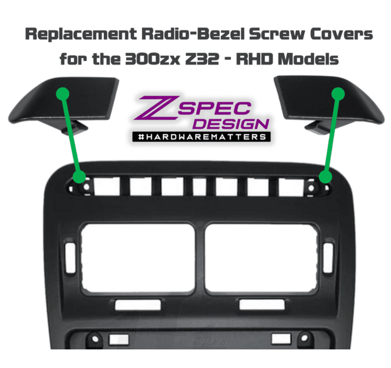 Load image into Gallery viewer, ZSPEC black radio bezel screw covers for Nissan 300zx Z32 RHD. Pair of new plastic caps shown with install diagram.