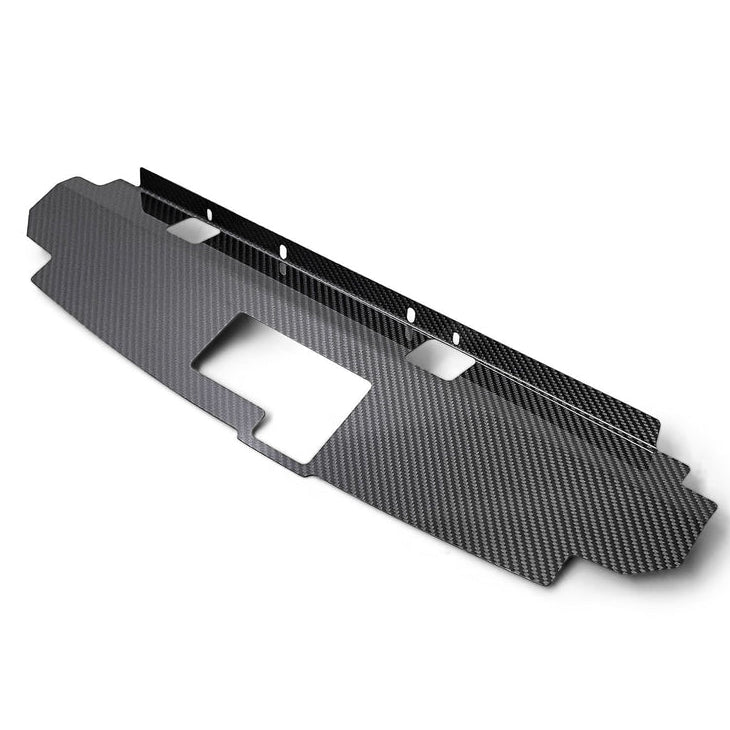 Load image into Gallery viewer, Glossy dry carbon fiber cooling panel for Nissan Skyline GTR (R32/R33/R34) with mounting holes and central cutout.