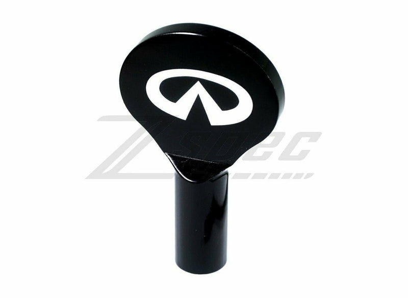 Load image into Gallery viewer, Black billet aluminum ZSPEC oil dipstick handle with white Infiniti logo for G35, G37, Q50, and Q60 models.
