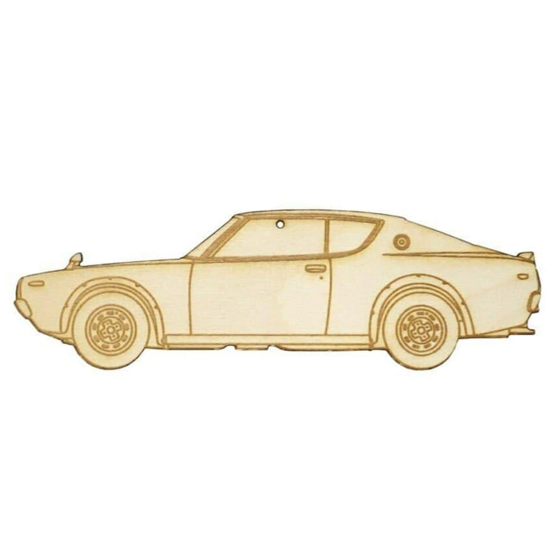 Load image into Gallery viewer, Laser-engraved light birch wood ornament shaped like a Nissan KPGC110 GT-R coupe profile.