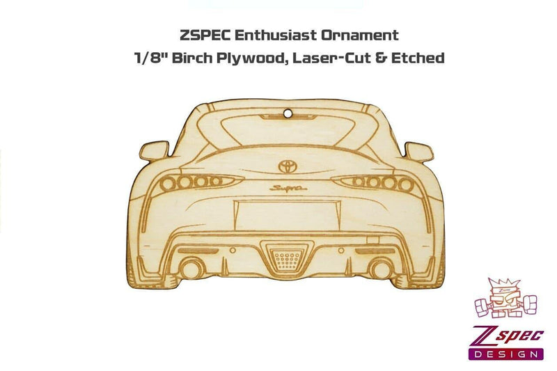 Load image into Gallery viewer, Laser-engraved light wood Toyota Supra MK5 ornament, showing the rear vehicle design.