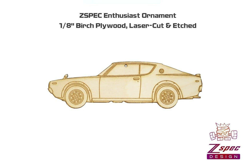 Load image into Gallery viewer, Laser-cut light birch wood ornament shaped like a Nissan KPGC110 GT-R.