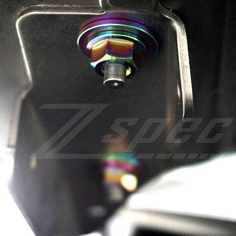 Load image into Gallery viewer, ZSPEC titanium fastener kit for Infiniti Q50/Q60, featuring iridescent blue and gold finish installed on engine bay.