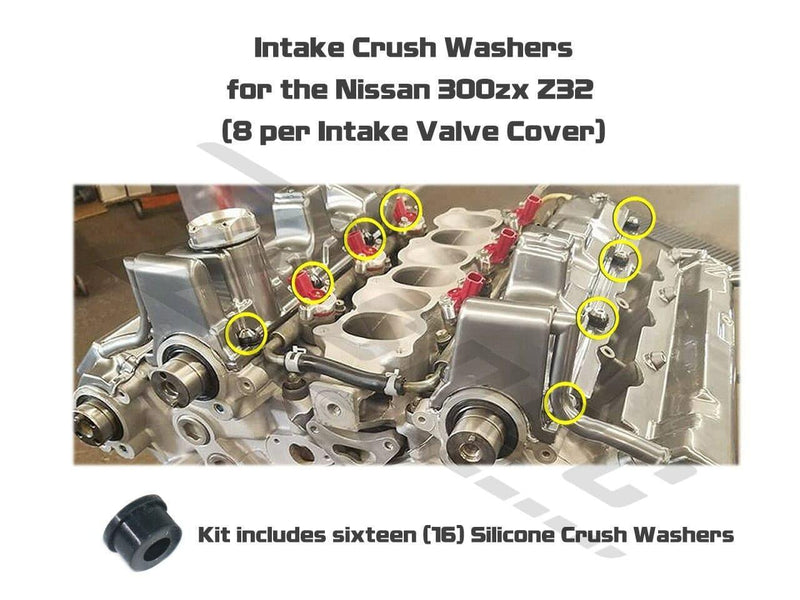 Load image into Gallery viewer, ZSPEC 16-pack black silicone intake valve cover crush washers installed on a Z32 Nissan 300zx engine.