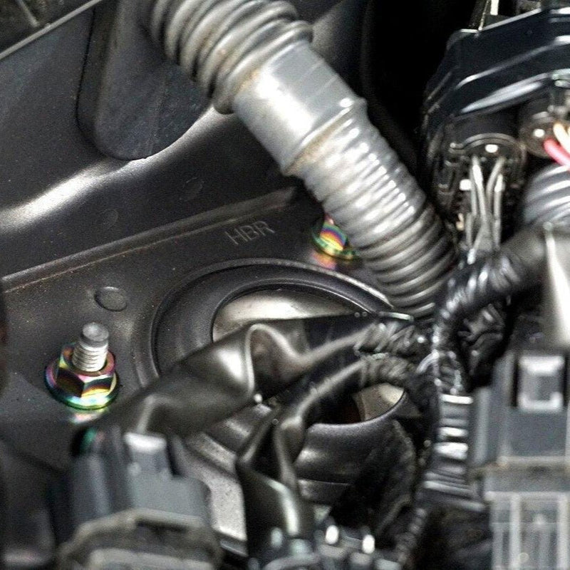 Load image into Gallery viewer, ZSPEC titanium dress-up fastener kit installed on an Infiniti Q50/Q60 engine bay, featuring iridescent hardware.