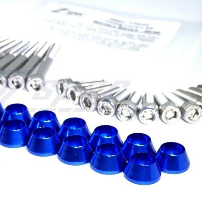Cargue la imagen en el visor de la galería, ZSPEC stainless timing cover fastener kit with blue billet washers for '90-'96 Nissan 300ZX Z32.