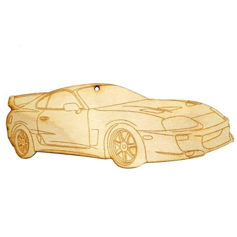 Load image into Gallery viewer, 5-inch laser-engraved light birch wood ornament of a Toyota Supra MKIV on a plain white background.