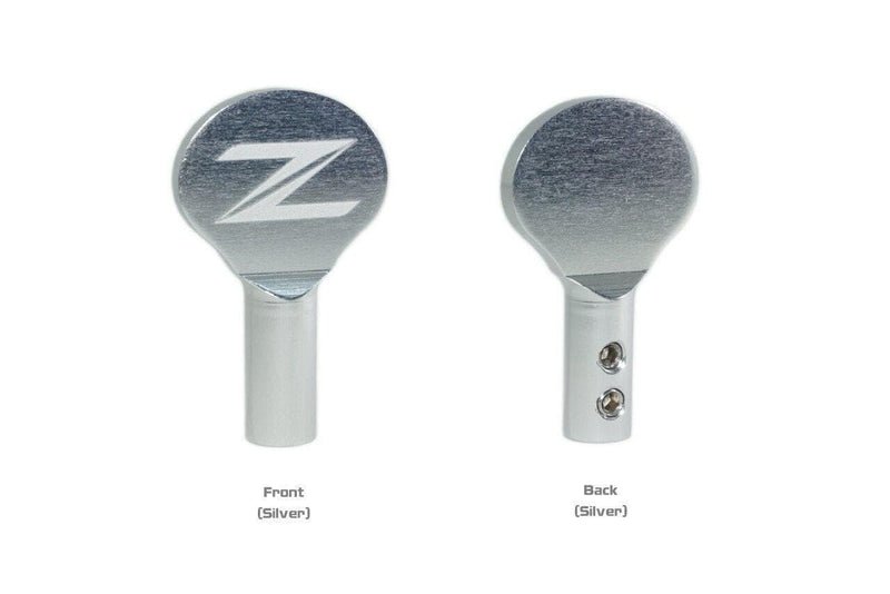 Load image into Gallery viewer, Silver billet aluminum ZSPEC dipstick handle for Nissan 370Z Z34, showing front and back with mounting screws.