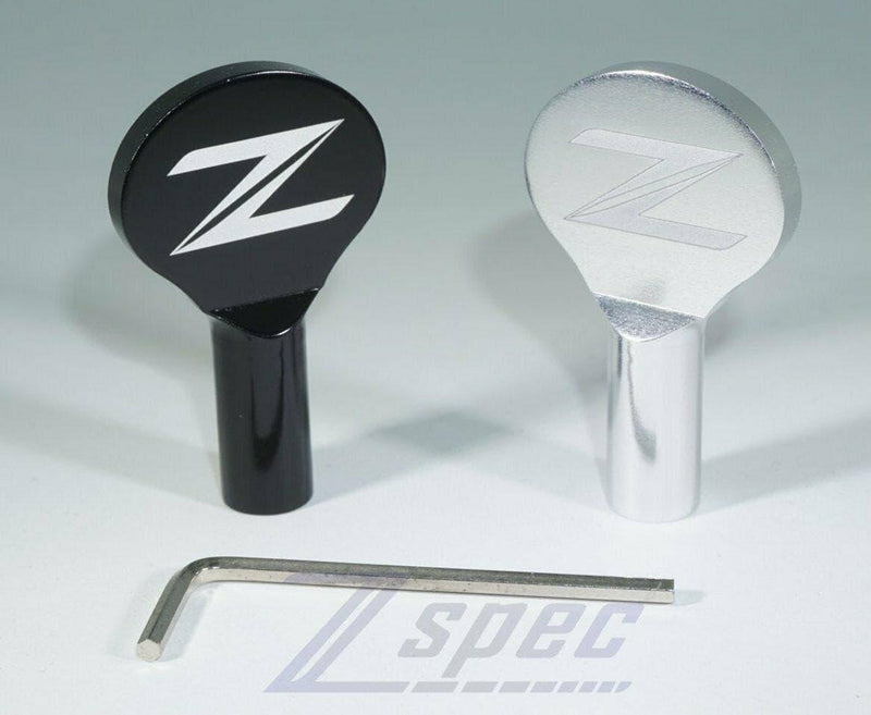Load image into Gallery viewer, ZSPEC billet aluminum dipstick handles for Nissan 370z Z34 in black and silver with a hex key.