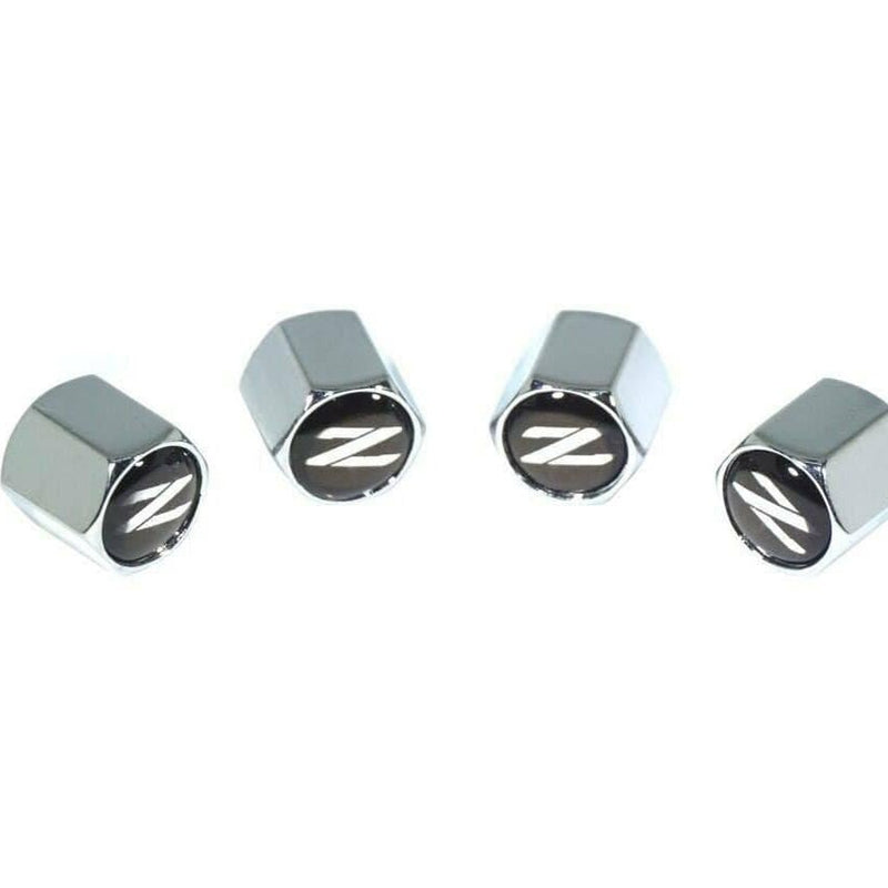 Load image into Gallery viewer, Set of 4 chrome tire valve stem caps with white Z logo for Nissan 300ZX Z32, shown against a white background.