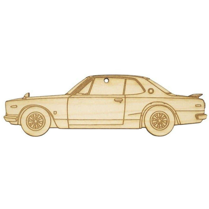 Load image into Gallery viewer, Laser-engraved light birch wood ornament shaped like a Nissan KPGC10 Hakosuka Skyline GTR side profile.