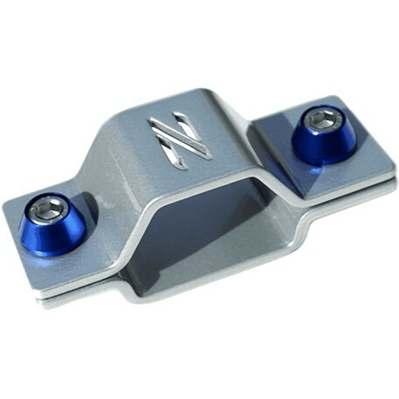 Load image into Gallery viewer, ZSPEC stainless silver battery cable bracket for Nissan 300zx Z32 with blue mounting bolts.