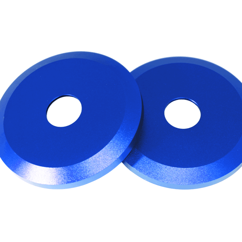 Load image into Gallery viewer, Blue billet aluminum shock tower covers for 1990-1996 Nissan 300ZX (Z32). New condition, pair of circular washers.
