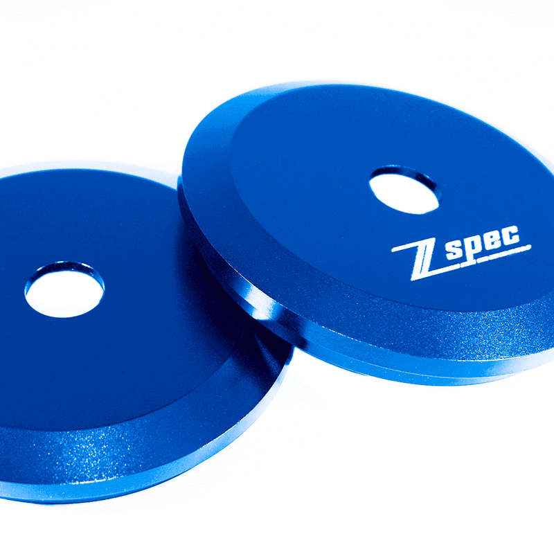 Load image into Gallery viewer, Blue anodized billet shock/strut tower covers for 90-96 Nissan 300zx Z32, featuring engraved ZSPEC logo.