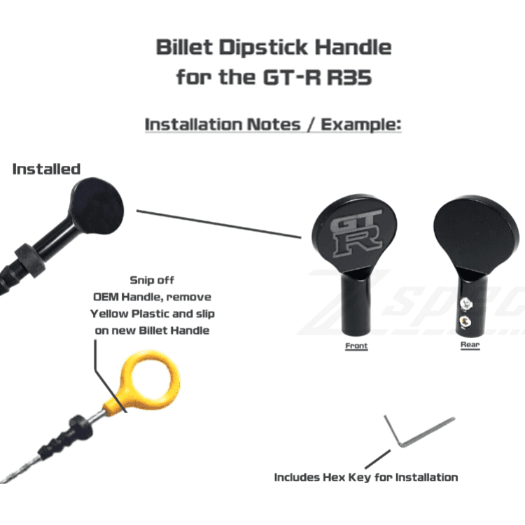 Load image into Gallery viewer, ZSPEC black billet dipstick handle for Nissan GT-R R35 with GT-R logo, hex key, and installation guide.