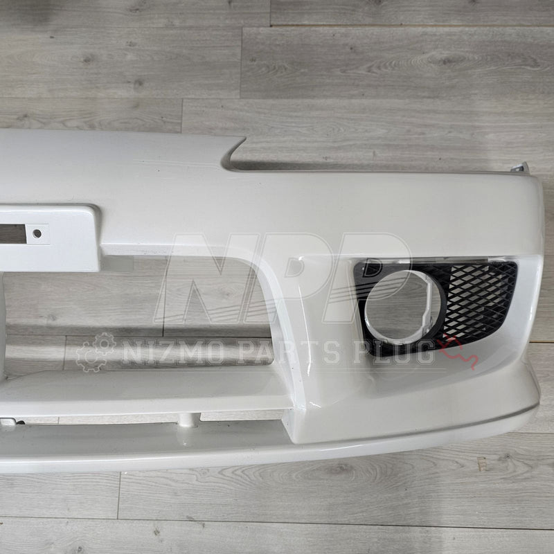 Load image into Gallery viewer, Pre-owned white Nissan S15 Spec-R Aero front bumper with black mesh fog light insert.