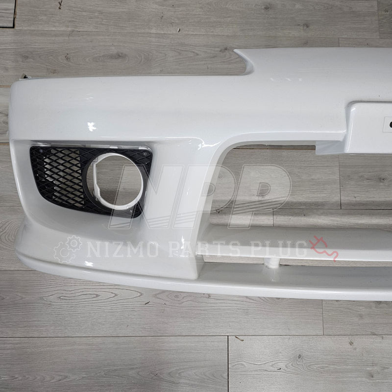 Load image into Gallery viewer, Pre-owned white Nissan S15 Silvia Spec-R Aero front bumper with black mesh fog light insert.
