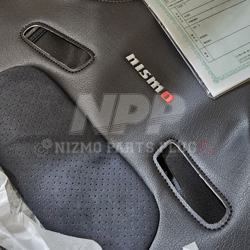 Load image into Gallery viewer, Black leather Nismo seat cover set for R34 Nissan Skyline GTR, featuring perforated sections and Nismo branding.