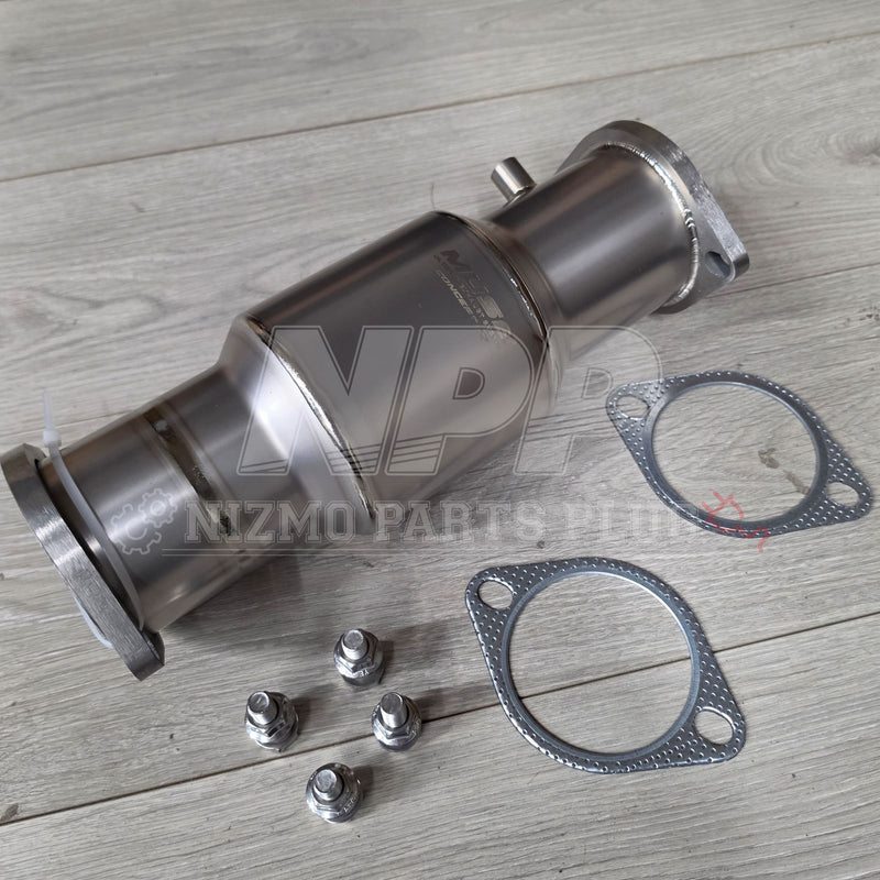 Load image into Gallery viewer, New Muse Titanium High Flow Catalyst for Nissan RB26DETT with included gaskets and hardware.