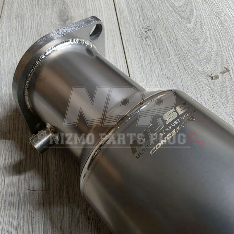 Load image into Gallery viewer, Shiny titanium Amuse high-flow catalyst for Nissan RB26DETT R32/R33/R34, featuring premium welded finish.