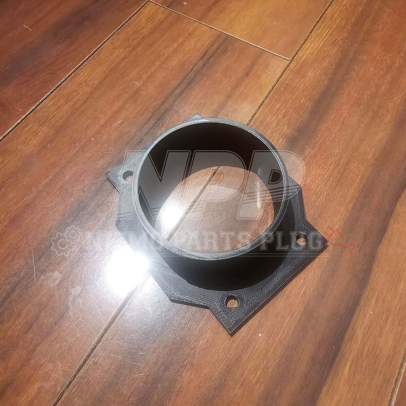 Load image into Gallery viewer, Black 3D-printed ABS 3-inch cone filter adapter for N62 MAF sensor, shown from above on a wooden floor.