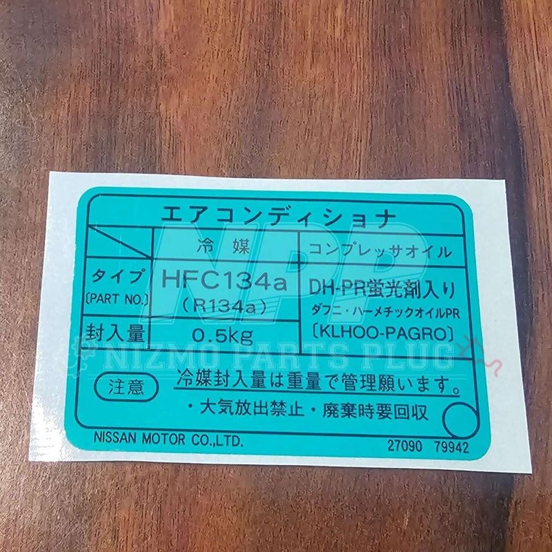 Load image into Gallery viewer, Nissan Skyline R33/34 GTR Air Conditioner Label Decal (Late Model) featuring HFC134a specifications.