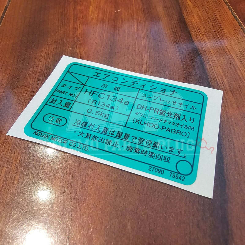 Load image into Gallery viewer, Nissan Skyline R33/34 GTR Air Conditioner Label Decal (Late Model) showing OEM specifications and details.