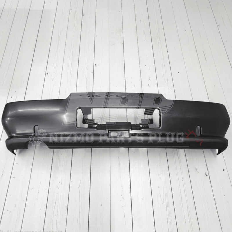 Load image into Gallery viewer, Black Nissan R32 Skyline GTR rear bumper assembly on white wooden background.