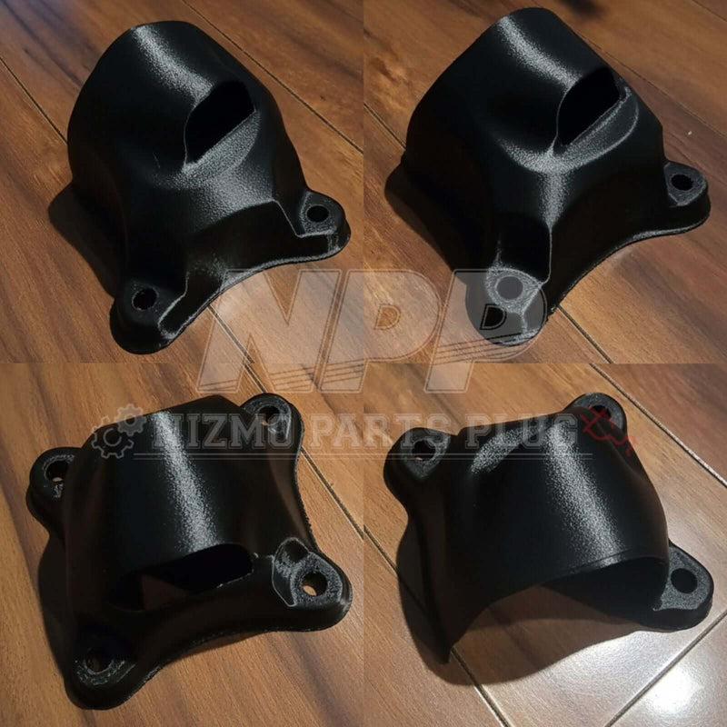 Load image into Gallery viewer, Black textured reproduction wiper motor covers for R32 Skyline, shown from multiple angles on a wooden surface.
