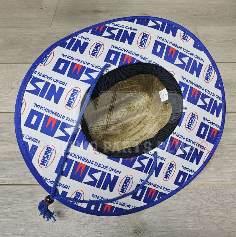 Load image into Gallery viewer, Vintage Nismo straw sun hat with white and blue Nismo logo print, blue trim, and adjustable cord. Good condition.