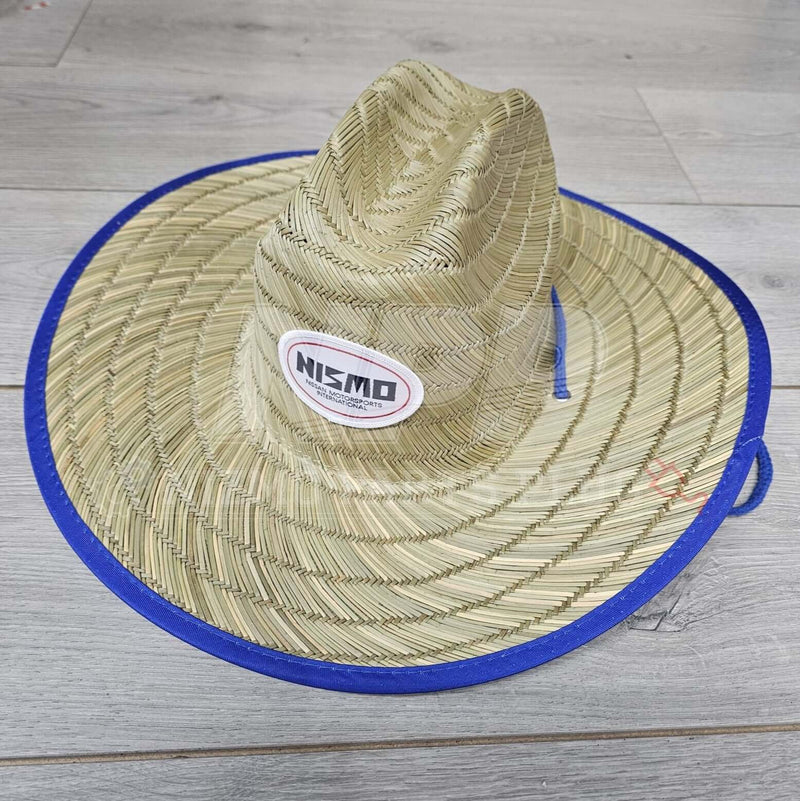 Load image into Gallery viewer, Vintage Nismo straw sun hat with blue trim and retro Nismo logo, in excellent clean condition.