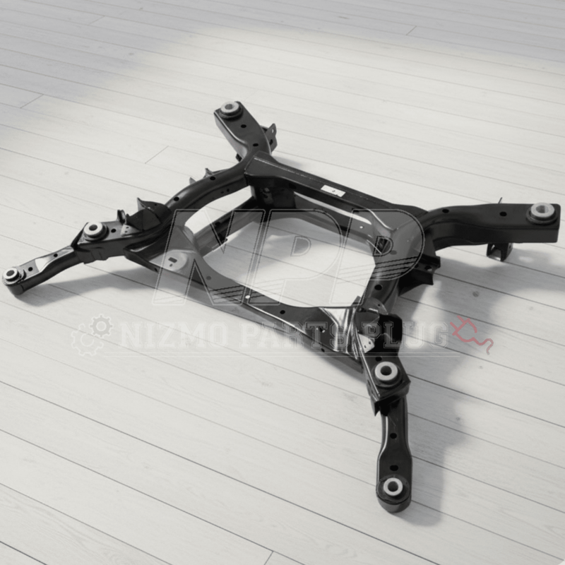Load image into Gallery viewer, Black Nissan R35 GT-R rear subframe assembly on a white wooden floor. New condition.