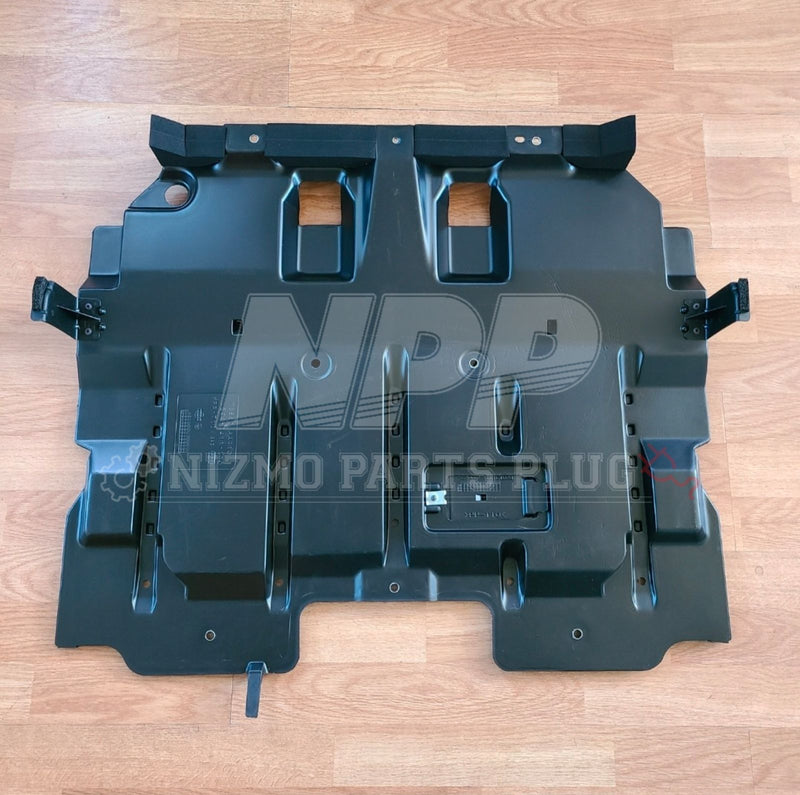 Load image into Gallery viewer, Black R34 Skyline GTR Vspec front lower engine cover assembly in clean, used condition.