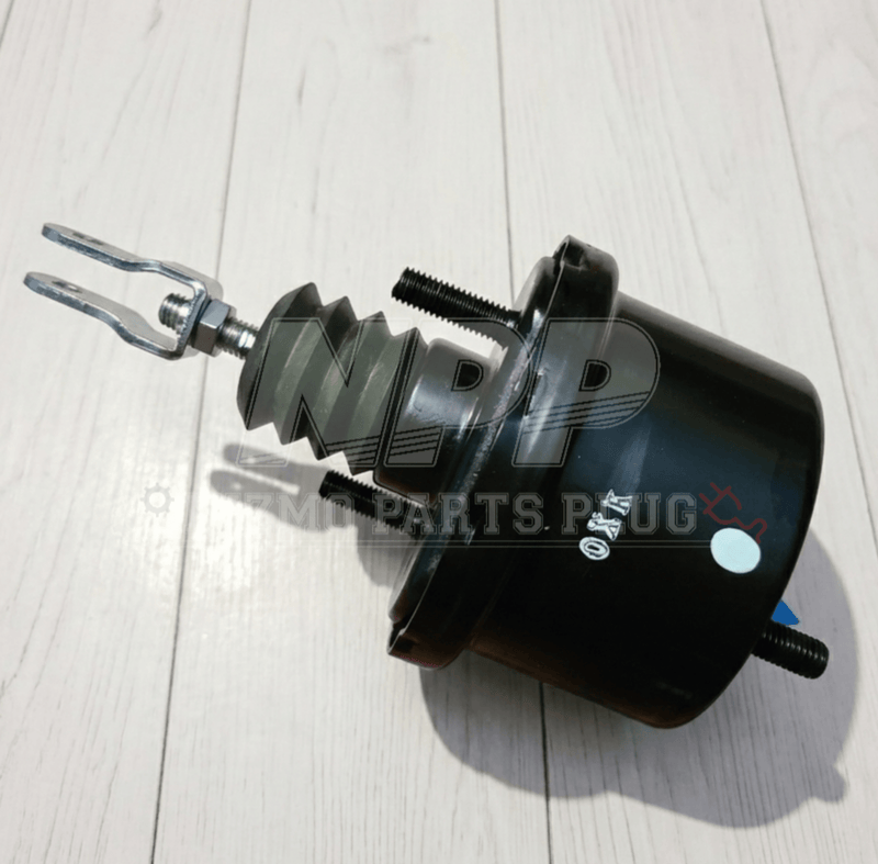 Load image into Gallery viewer, New black Nissan R32, R33, R34 GTR clutch booster assembly with metal clevis, shown on a white wood background.