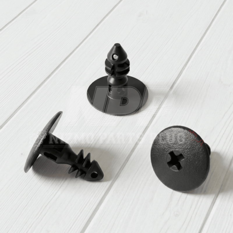 Load image into Gallery viewer, Three black plastic interior door panel clips for Nissan S15 Silvia and Skyline, featuring a Phillips head design.