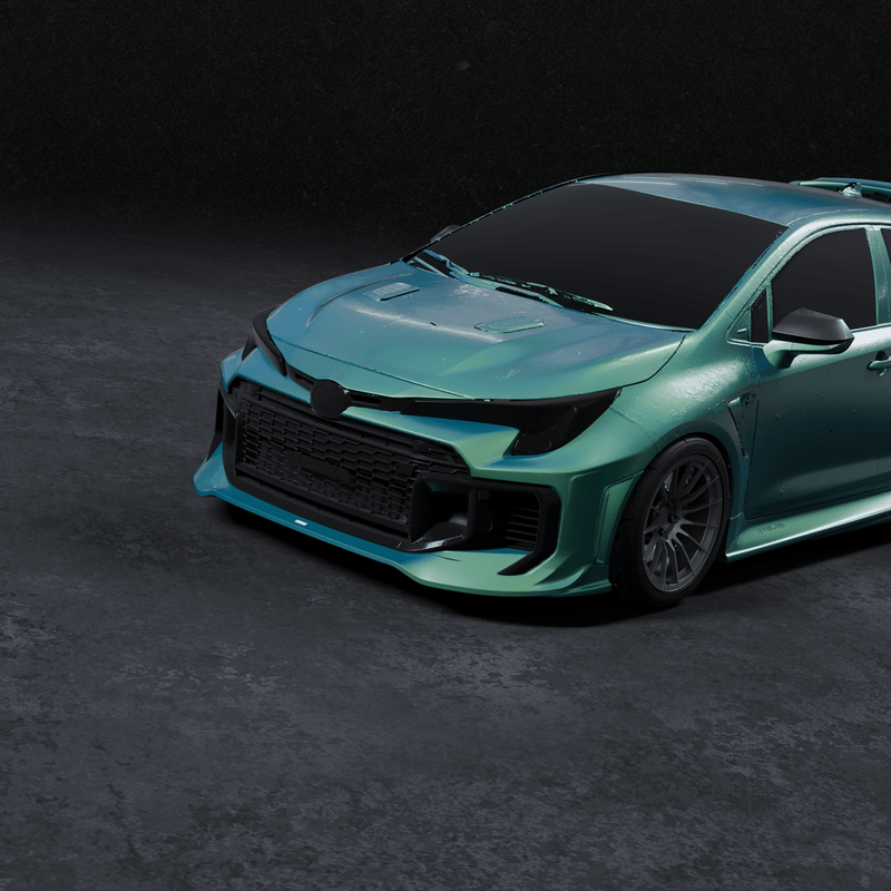 Load image into Gallery viewer, Front lip for 2025+ Toyota GR Corolla (E210 Kouki) installed on a teal metallic car in a studio setting.