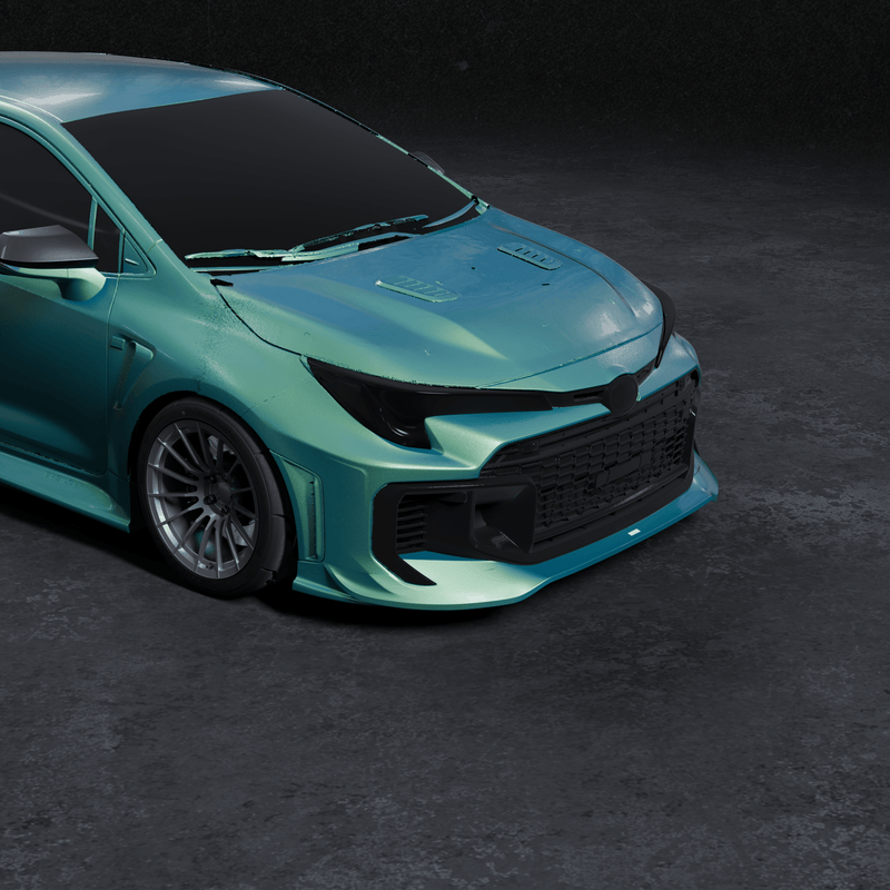 Load image into Gallery viewer, Front lip for 2025+ Toyota GR Corolla (E210 Kouki) in a metallic teal finish, shown mounted on the front bumper.