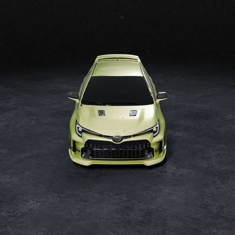 Load image into Gallery viewer, V2 Front Lip on a light green Toyota GR Corolla (E210, 2023-2024) shown from a high-angle front view.