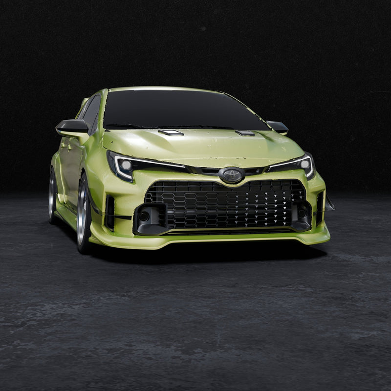 Load image into Gallery viewer, V2 front lip on a lime green Toyota GR Corolla (E210 Zenki 2023-2024).