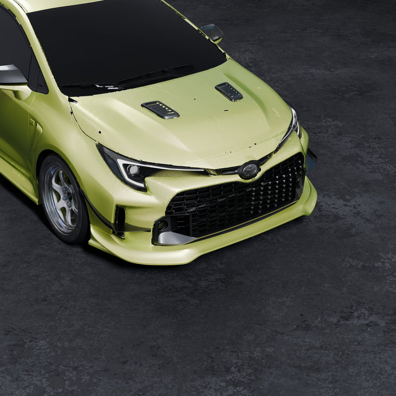 Load image into Gallery viewer, Yellow V2 front lip installed on a 2023-2024 Toyota GR Corolla (E210 Zenki) with black grille and hood vents.