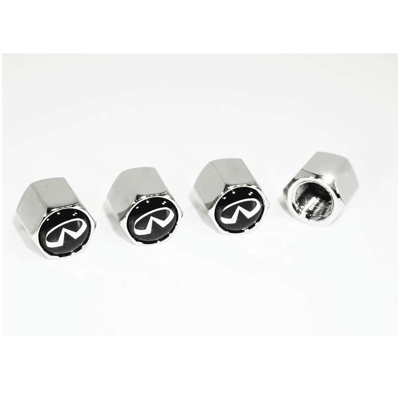 Load image into Gallery viewer, Four chrome tire valve stem caps for Infiniti vehicles, featuring black circular inserts with the white Infiniti logo.