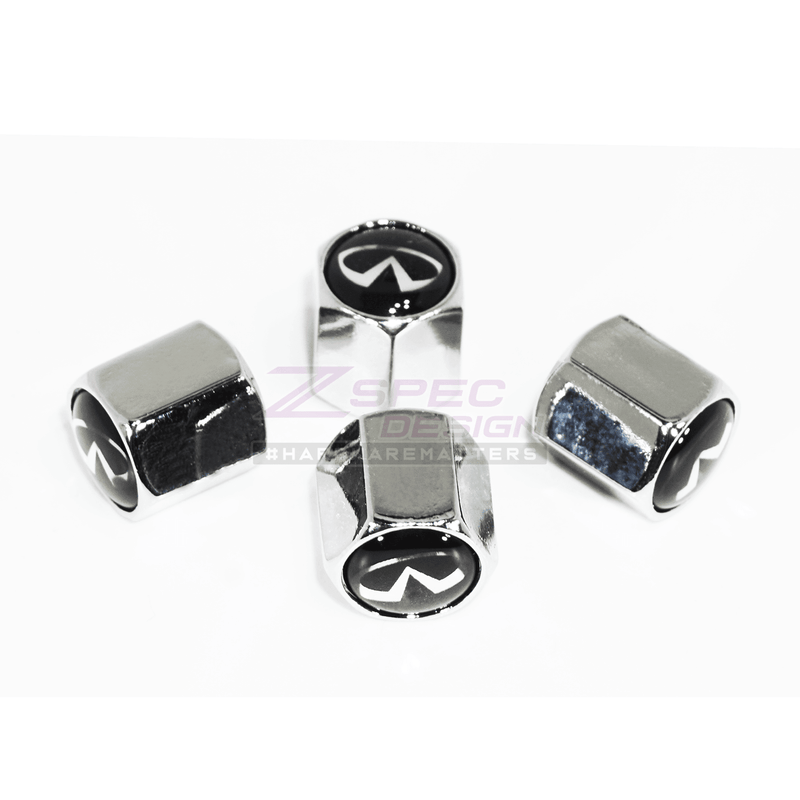 Load image into Gallery viewer, Set of four chrome tire valve stem caps with black and white Infiniti logos, new condition.
