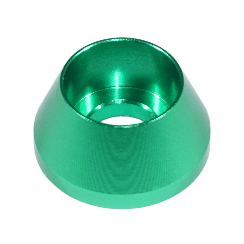 Cargue la imagen en el visor de la galería, Green anodized aluminum conical finishing washer for Nissan Z32 300ZX engine bay dress-up hardware.