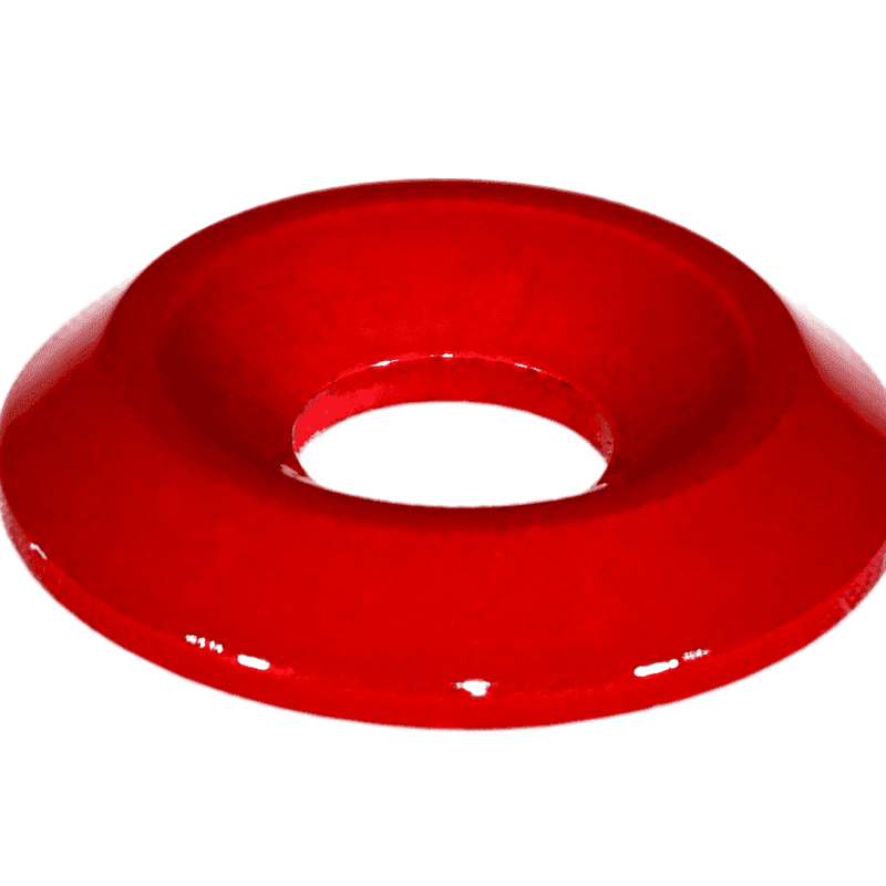 Load image into Gallery viewer, Red ZSPEC billet dress-up washer for '03-08 Infiniti G35 fastener kit. Smooth, glossy finish, isolated on white.