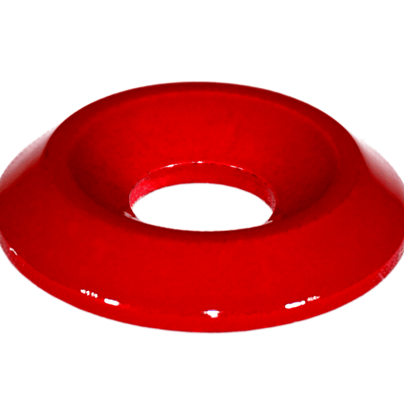 ギャラリービューアに画像をロードする, Red ZSPEC billet dress-up bolt washer for Nissan Z RZ34. Shiny finish, circular, low-profile design.
