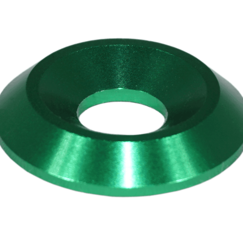 Cargue la imagen en el visor de la galería, Green billet dress-up washer for Nissan 370z Z34 ZSPEC fastener kit. New, polished aluminum finish.